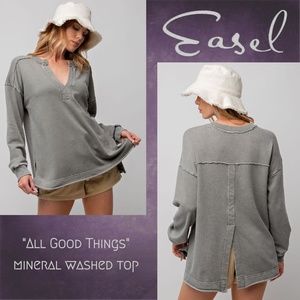 EASEL "All Good Things" Loose & Soft Mineral Washed Top V-Neck Side & Back Slits